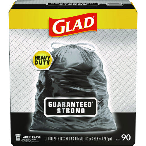 Glad Guaranteed Strong Large Drawstring Trash Bags, Three-Ply, 30 gal, 1.05 mil, 30" x 33", Black, 90/Carton (78952)
