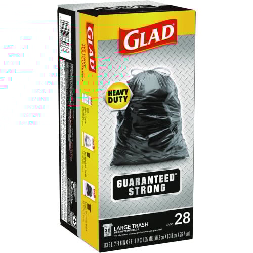 Glad Guaranteed Strong Large Drawstring Trash Bags, Three-Ply, 30 gal, 1.05 mil, 30" x 33", Black, 15/Box (78966BX)