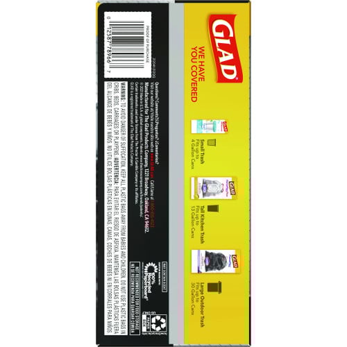 Glad Guaranteed Strong Large Drawstring Trash Bags, Three-Ply, 30 gal, 1.05 mil, 30" x 33", Black, 15/Box (78966BX)