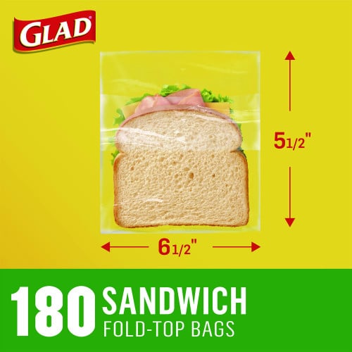 Glad Fold Top Food Storage Sandwich Bags, 6.5" x 5.5", Clear, 2,160/Carton (60771)