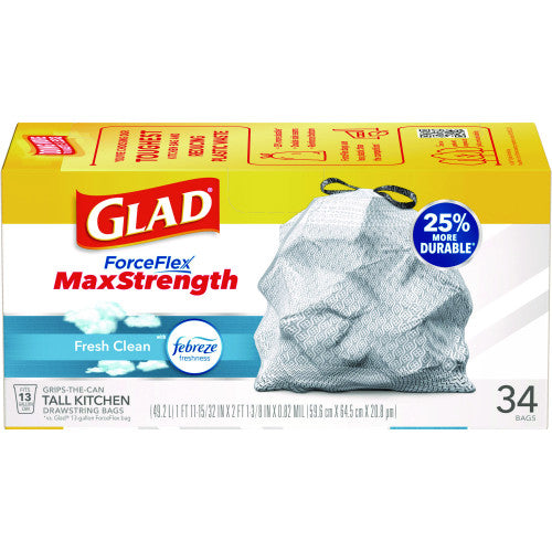 Glad ForceFlex MaxStrength Tall Kitchen Drawstring Trash Bags, 13 gal, Fresh Clean Scent, 24" x 28", White, 34/Box, 6 Boxes/CT (70320)