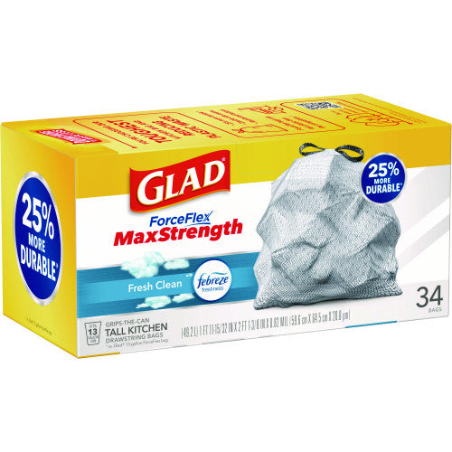 Glad ForceFlex MaxStrength Tall Kitchen Drawstring Trash Bags, 13 gal, Fresh Clean Scent, 24" x 28", White, 34/Box, 6 Boxes/CT (70320)