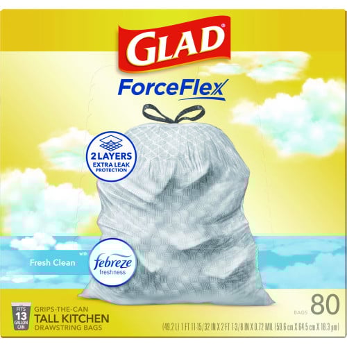 Glad ForceFlex Kitchen Drawstring Trash Bags, 13 gal, Fresh Clean Scent, 24" x 27.38", White, 80/Box (78899BX)