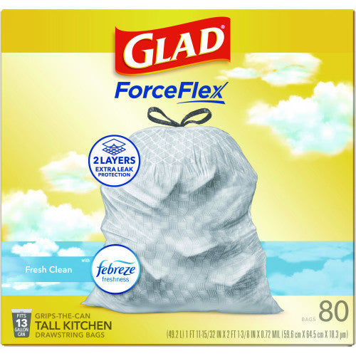 Glad ForceFlex Kitchen Drawstring Trash Bags, 13 gal, Fresh Clean Scent, 24" x 27.38", White, 80/Box (78899BX)