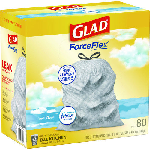 Glad ForceFlex Kitchen Drawstring Trash Bags, 13 gal, Fresh Clean Scent, 24" x 27.38", White, 80/Box (78899BX)