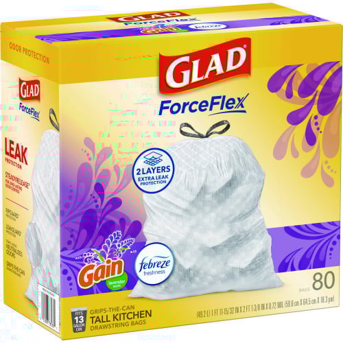 Glad ForceFlex Kitchen Drawstring Trash Bags, 13 gal, Lavender Breeze Scent, 24" x 27.38", White, 80 Bags/BX, 3 BX/CT (78902)