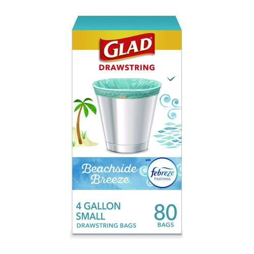 Glad Small Kitchen Drawstring Trash Bags, 4 gal, Beachside Breeze Scent, 0.5 mil, 18" x 17", Blue, 80/Box (79155)