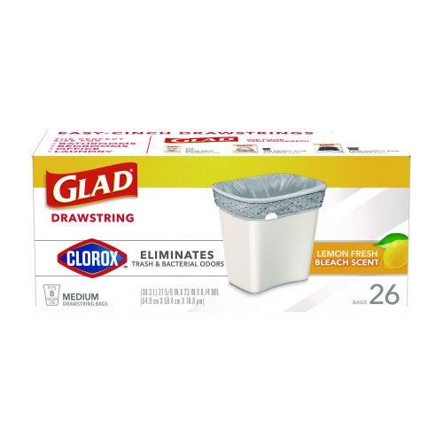 Glad Medium Drawstring Trash Bags with Clorox, 8 gal, Lemon Fresh Bleach Scent, 0.74 mil, 23" x 21.63", Gray, 26/Box (79316)