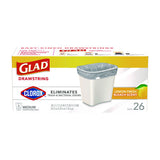 Glad Medium Drawstring Trash Bags with Clorox, 8 gal, Lemon Fresh Bleach Scent, 0.74 mil, 23" x 21.63", Gray, 26/Box (79316)