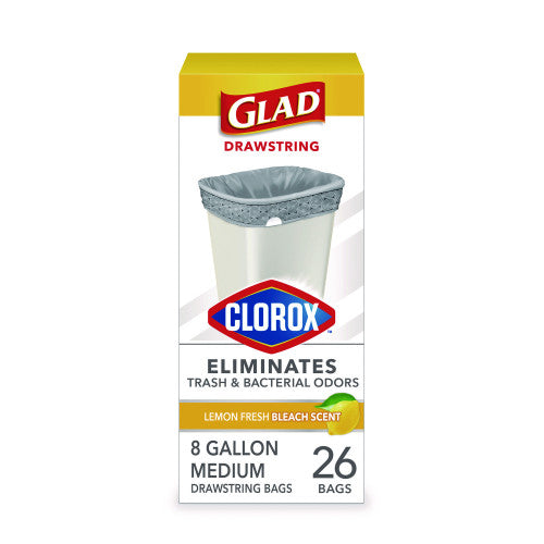Glad Medium Drawstring Trash Bags with Clorox, 8 gal, Lemon Fresh Bleach Scent, 0.74 mil, 23" x 21.63", Gray, 26/Box (79316)