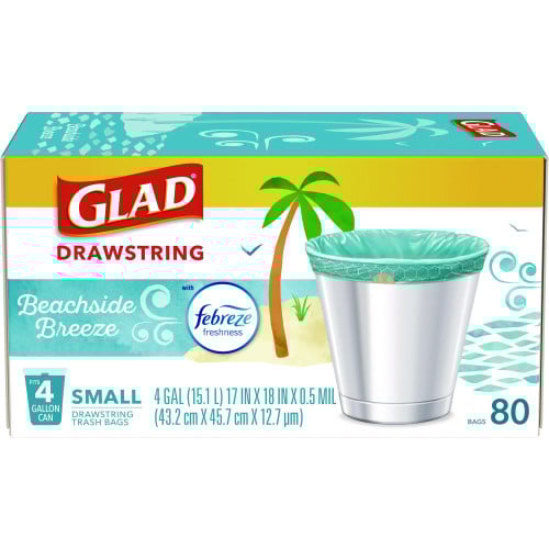 Glad Small Kitchen Drawstring Trash Bags, 4 gal, Beachside Breeze Scent, 0.5 mil, 18" x 17", Blue, 80/Box (79155)