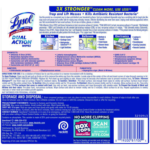 Lysol® Dual Action Disinfecting Wipes, 1-Ply, 75 Wipes per Canister, 6 Canisters (81700CT)