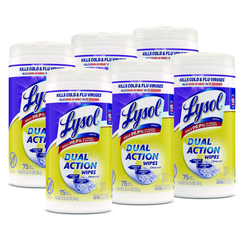 Lysol® Dual Action Disinfecting Wipes, 1-Ply, 75 Wipes per Canister, 6 Canisters (81700CT)