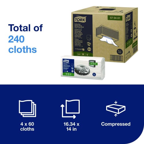 Tork Industrial Heavy-Duty Cleaning Cloth, 1-Ply, 13.97 x, 4.25, Unscented, White, 60 Cloths, 4/Carton (570481)
