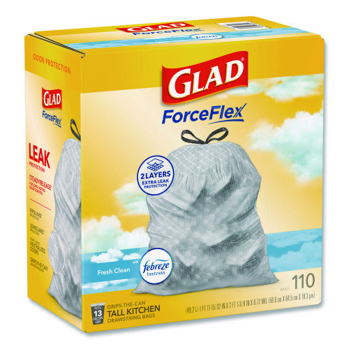 Glad ForceFlex Tall Kitchen Drawstring Trash Bags, Drawstring, 13 gal, Fresh Clean Scent, 10.19 x 9.81, Gray, 110/Roll, 3/Carton (78563CT)