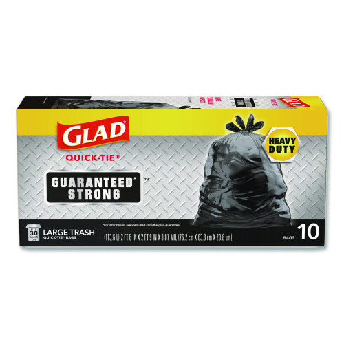 Glad Large Quick-Tie Trash Bags, Tie-Flap, 30 gal, 0.81 mil, 30 x 33, Black, 10 Bags/Box, 12 Boxes/Carton (00079CT)