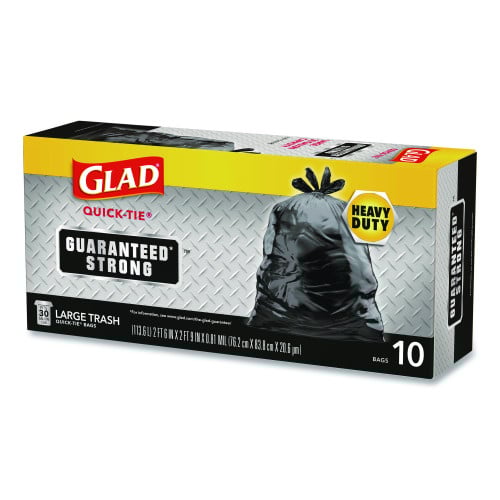 Glad Large Quick-Tie Trash Bags, Tie-Flap, 30 gal, 0.81 mil, 30 x 33, Black, 10 Bags/Box, 12 Boxes/Carton (00079CT)