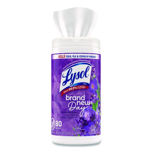 LYSOL Brand Disinfecting Wipes, 1-Ply, 7 x 7.25, Lavender and Cotton Blossom, White, 80 Wipes/Canister, 6 Canisters/Carton (56264CT)