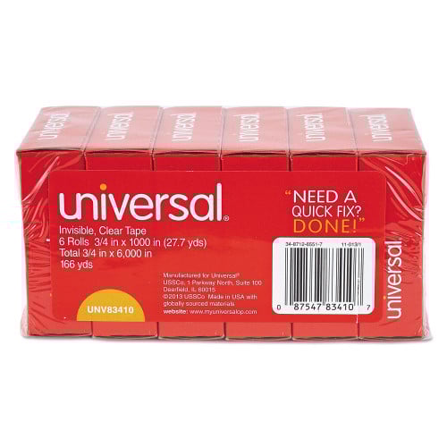 Universal Invisible Tape, 1" Core, 0.75" x 83.33 ft, Clear, 6/Pack (UNV83410)