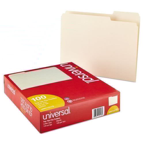 Universal Top Tab File Folders, 1/3-Cut Tabs: Assorted, Letter Size, 0.75" Expansion, Manila, 100/Box (UNV12113)