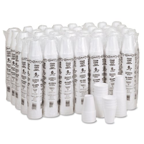 Dart Foam Drink Cups, 6 oz, White, 25/Bag, 40 Bags/Carton (6J6)