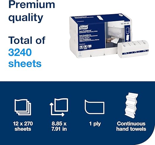 Tork PeakServe Continuous Hand Towel Dispenser Black H5, High Capacity, Elevation Range, 552528 + PeakServe Continuous Paper Hand Towels White H5, 1 ply, 12 x 270 paper hand towels, 105066