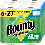 Bounty Quick-Size Paper Towels, White, 8 Family Triple Rolls = 27 Regular Rolls