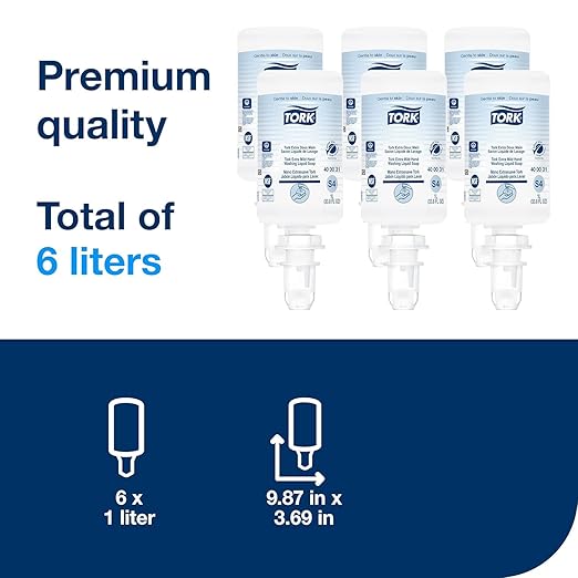 Tork Extra Mild Liquid Hand Soap, Compatible with S4 dispensers, Fragrance-free, Dermatologically tested, eco-friendly 6 x 1L bottles (400031)