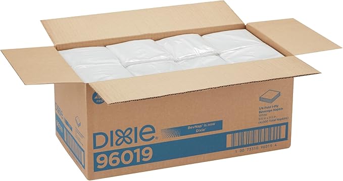 Dixie 1-Ply Beverage Paper Napkins By GP PRO, White, 1/4 Fold, 4000 Count (500 Disposable Napkins Per Pack, 8 Packs Per Case), 96019