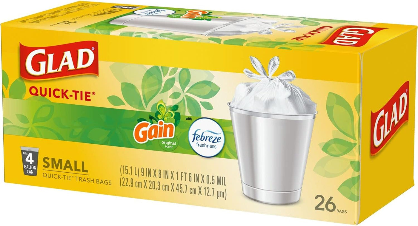 Glad Trash Bags, OdorShield Small Garbage Bags, Gain Original & Febreze, 4 Gal, 26 Count (Pack of 6)