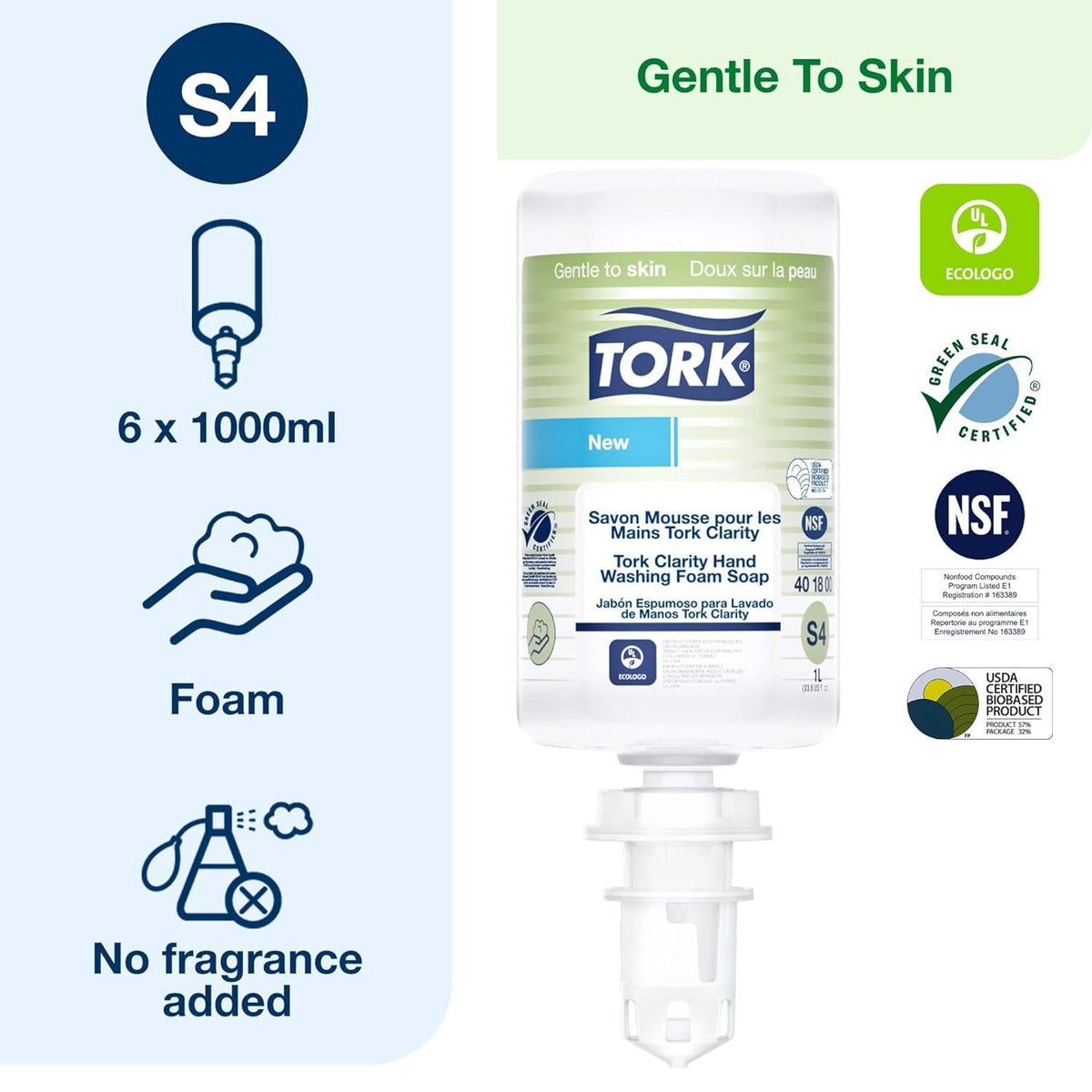 Tork Clarity Hand Soap Foam S4, 99% of Ingredients are of Natural Origin, 6 x 1L, 401800