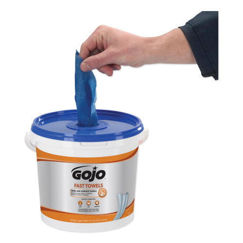GOJO FAST TOWELS Hand Cleaning Towels, 7.75 x 11, Fresh Citrus, Blue, 130/Bucket, 4 Buckets/Carton (6298)