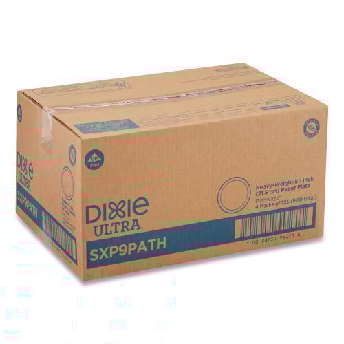 Dixie Pathways Soak Proof Shield Heavyweight Paper Plates, WiseSize, 8.5" dia, Green/Burgundy, 500/Carton (SXP9PATH)