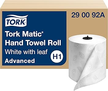 Tork Matic Hand Towel Roll, White With Gray Leaf, Advanced, H1, 100% Recycled Fiber, High Absorbency, Medium Capacity, 2-Ply, 6 Rolls x 525 ft - 290092A