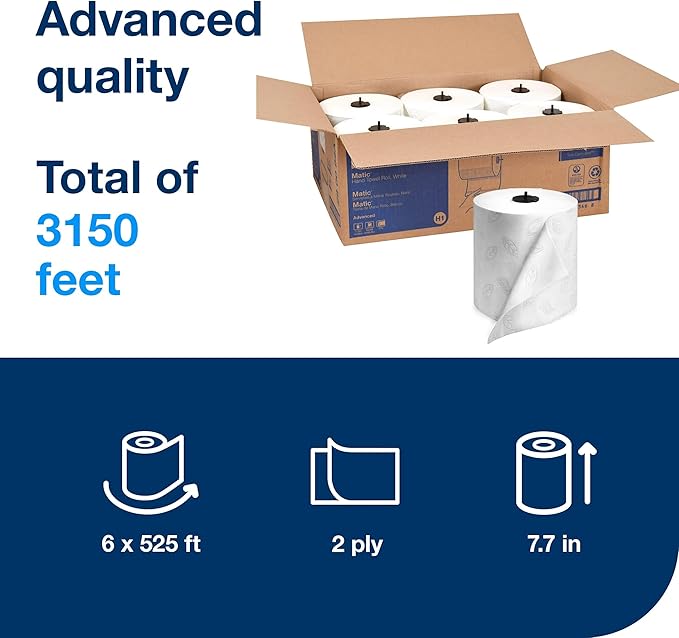Tork Matic Hand Towel Roll, White With Gray Leaf, Advanced, H1, 100% Recycled Fiber, High Absorbency, Medium Capacity, 2-Ply, 6 Rolls x 525 ft - 290092A