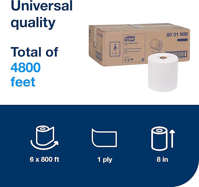 Tork Paper Hand Towel Roll White H80, Universal, 100% Recycled Fiber, 6 Rolls x 800 ft, 8031900