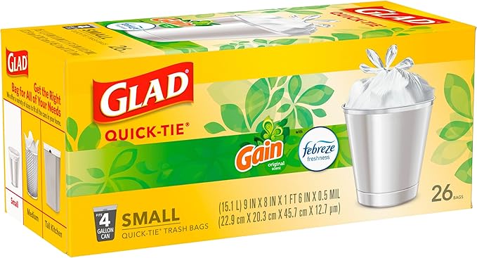 Glad Trash Bags, OdorShield Small Garbage Bags, Gain Original & Febreze, 4 Gal, 26 Count (Pack of 6)