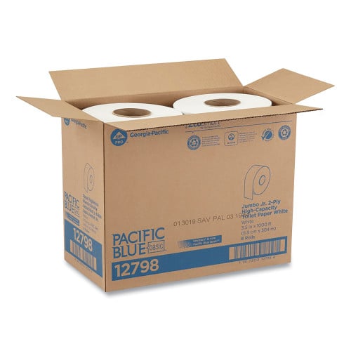 Georgia Pacific Professional Jumbo Jr. Bathroom Tissue Roll, Septic Safe, 2-Ply, White, 3.5" x 1,000 ft, 8 Rolls/Carton (12798)