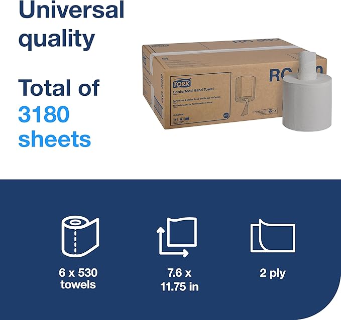 Tork Centerfeed Hand Towel White One-at-a-time Dispensing, M23 Compatible 6 Rolls x 530 Sheets (RC530)