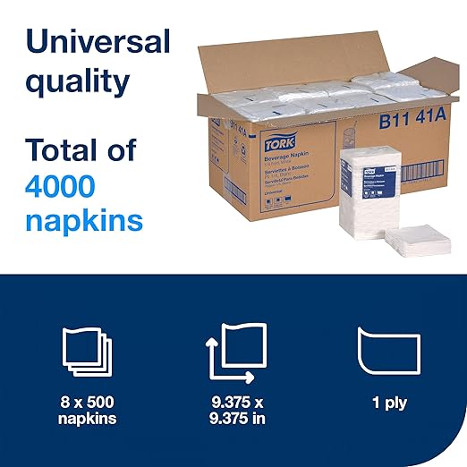Tork White Beverage Napkin, 1/4 Fold 1-ply, 9.4" x 9.4", 8 x 500 napkins, B1141A