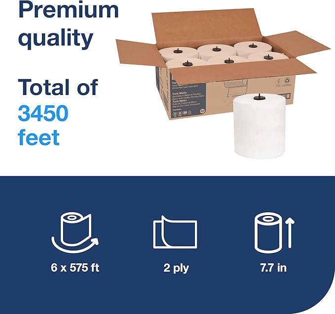 Tork Matic Soft Hand Towel Roll, White, Premium, H1, Quick-Absorbing, Long-Lasting, Thick 2-Ply, 6 Rolls x 575 ft, 290096