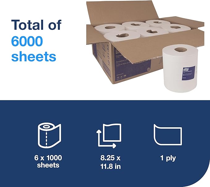 Tork Centerfeed Paper Wiper White M2, High Absorbency, 6 x 1000 Sheets, 120133