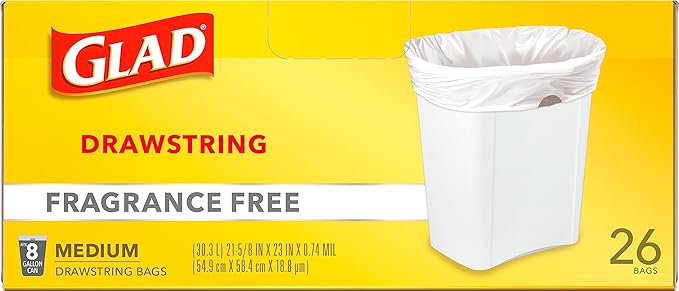 Glad Medium Trash Bags, 8 Gallon, Fragrance Free Garbage Bags With Drawstring, 26 Count