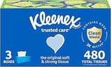 Kleenex Trusted Care Facial Tissues, 3 Flat Boxes, 160 Tissues per Box, 2-Ply (480 Total), Packaging May Vary