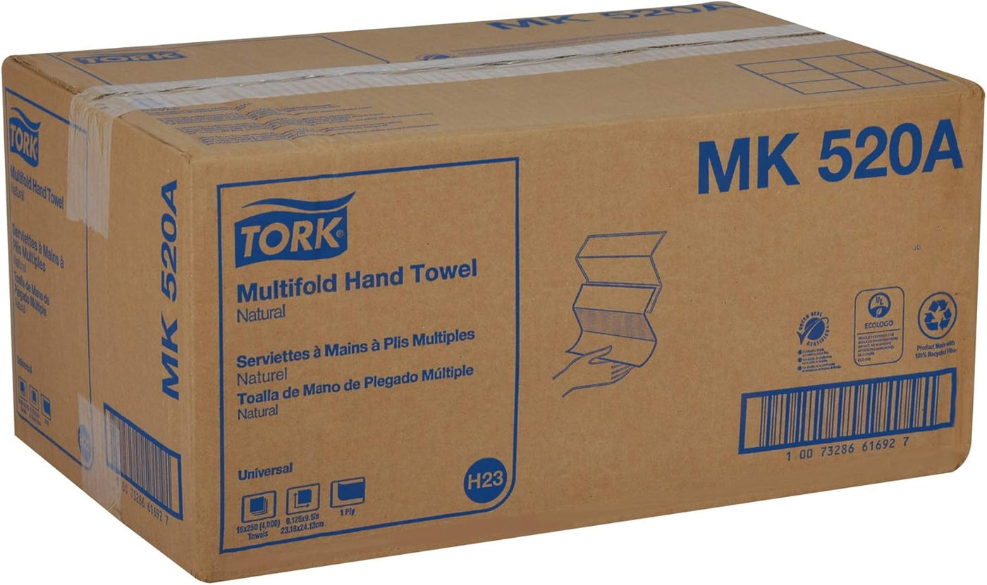 Tork Multifold Hand Towel, Natural, 100% recycled, FSC certified, Compatible with H2 Dispensers, 16 packs x 250 sheets (MK520A)
