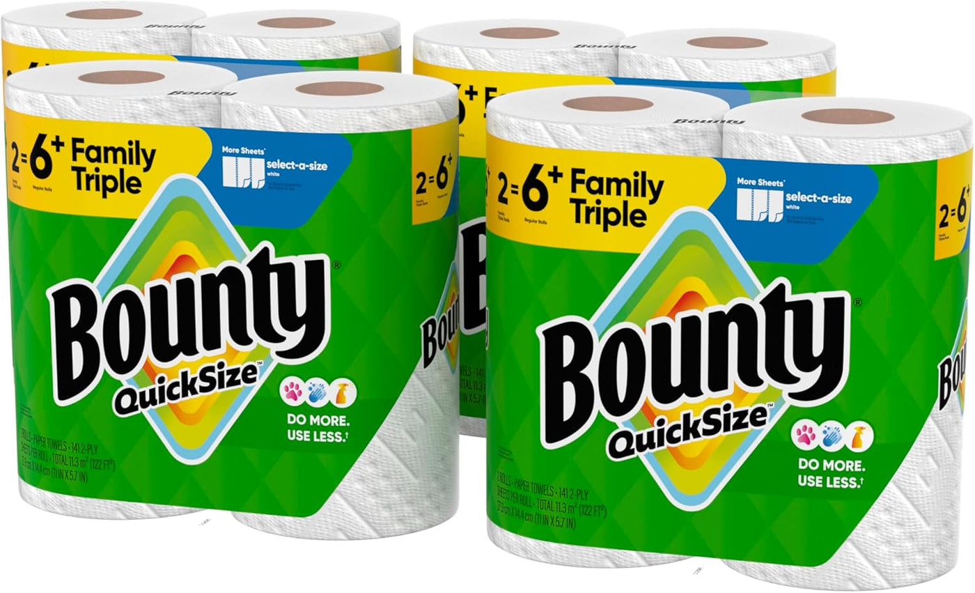 Bounty Quick-Size Paper Towels, White, 8 Family Triple Rolls = 27 Regular Rolls