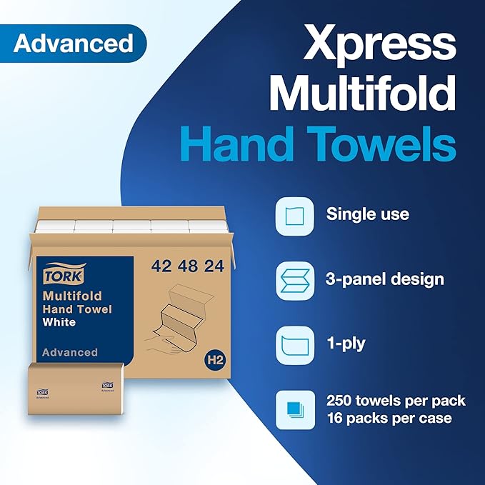 Tork Multifold Hand Towel White, 3-Panel, 250 Towels per Pack, 16 Packs, Fits H2 Towel Dispensers