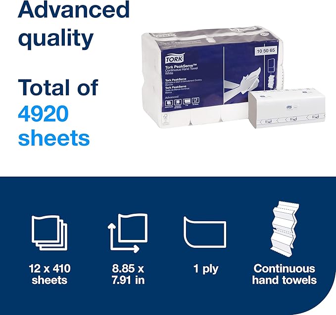 Tork PeakServe Continuous Hand Towel White H5, Advanced, Compressed, 12 x 410 sheets, 105065