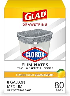 Glad Medium Trash Bags, 8 Gallon, Lemon Fresh Bleach Garbage Bags, Resists Bacterial Odors with Drawstring, 80 Count