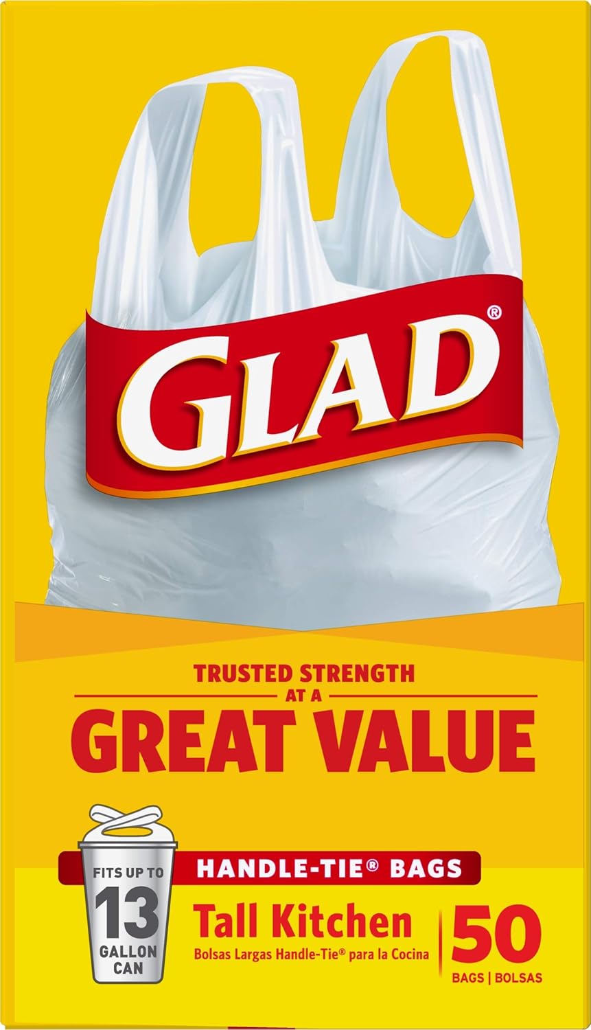Glad Tall Kitchen Trash Bags 13 Gallon, Unscented Garbage Bags, Handle-Tie, 50 Count
